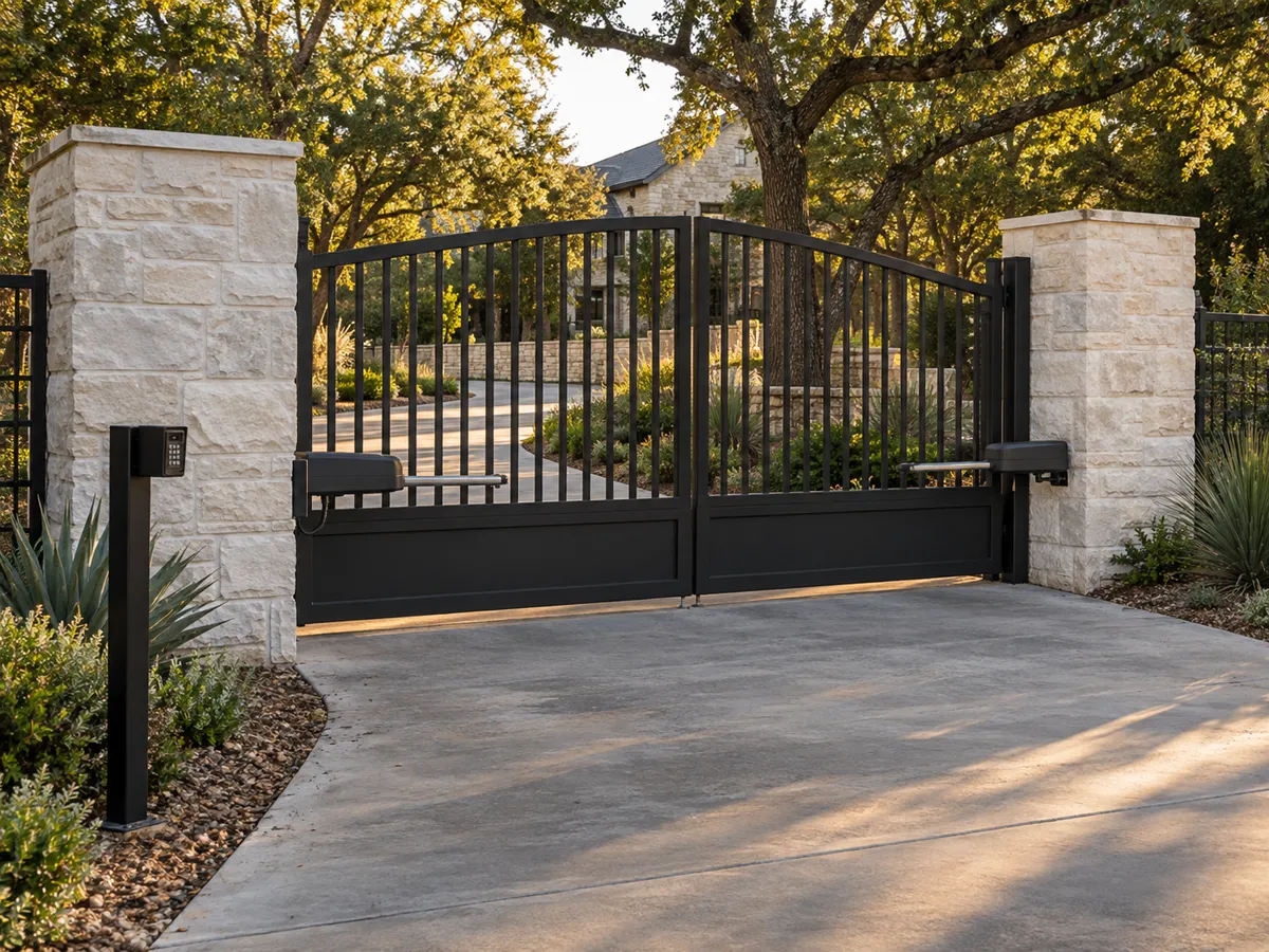 Black steel arched swing gate closed between limestone columns across a concrete drive, with a keypad post beside the drive at sunset