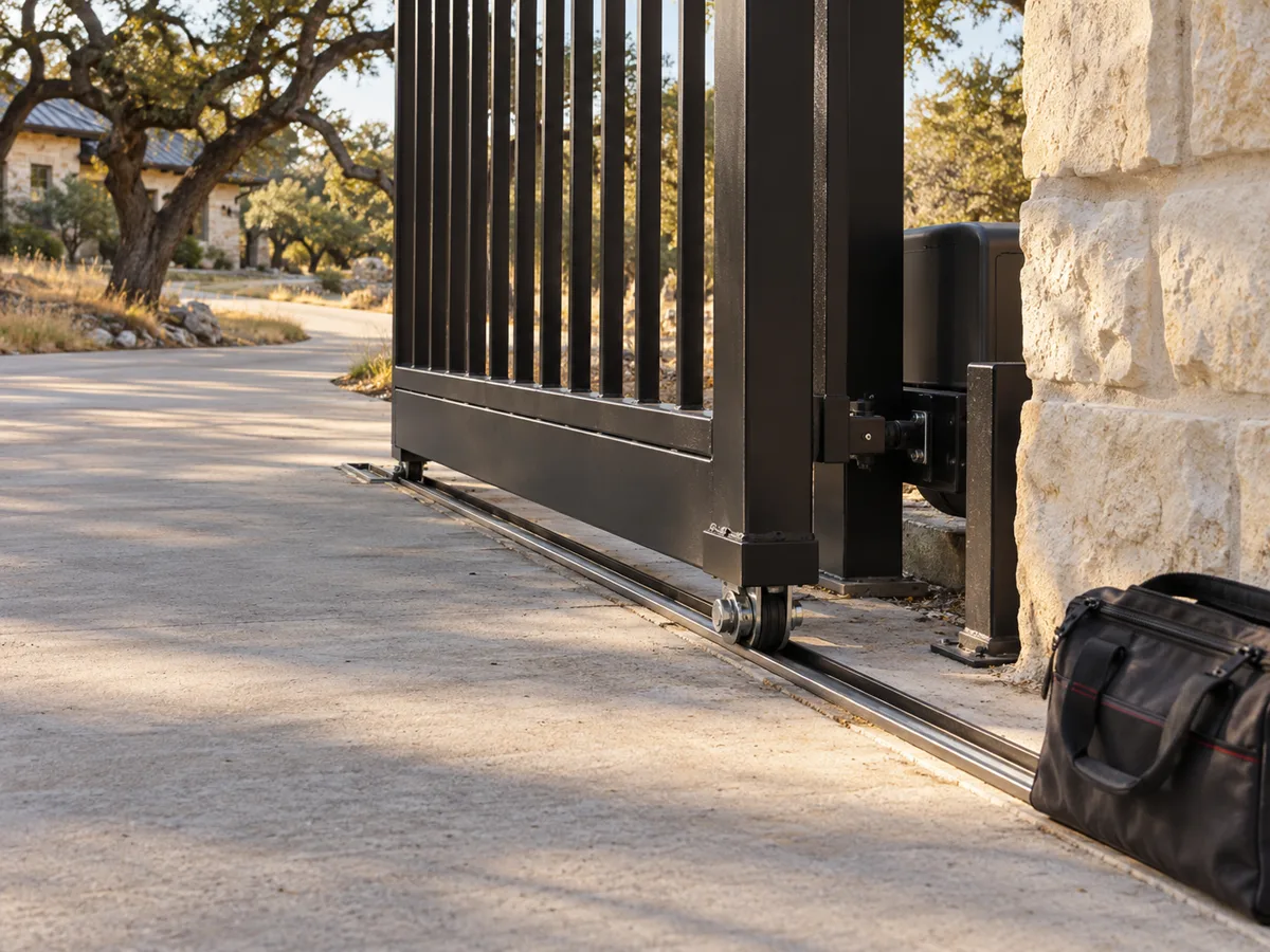 Black steel sliding gate at a limestone column, its bottom roller sitting on the track, with a closed tool bag beside the post