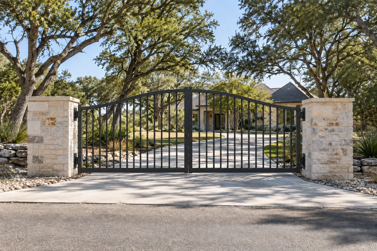 The same entrance with a closed black steel double swing gate, vertical pickets under an arched top, hung between the limestone columns