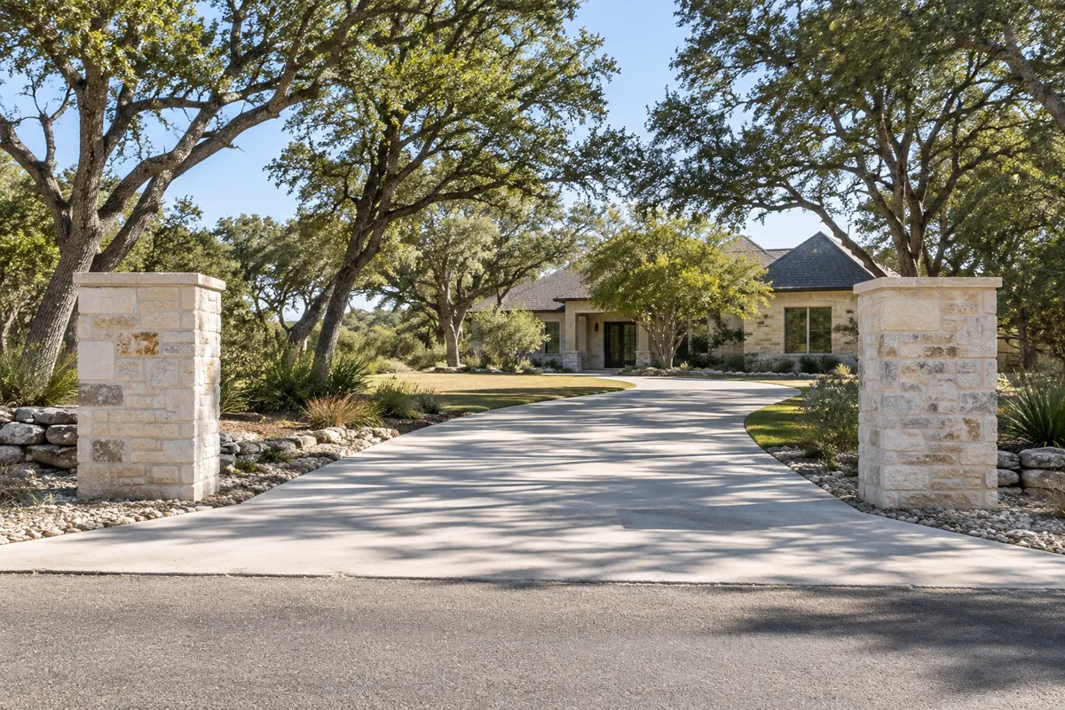 Concrete driveway running between two cut limestone columns with no gate, toward a stone house under live oaks