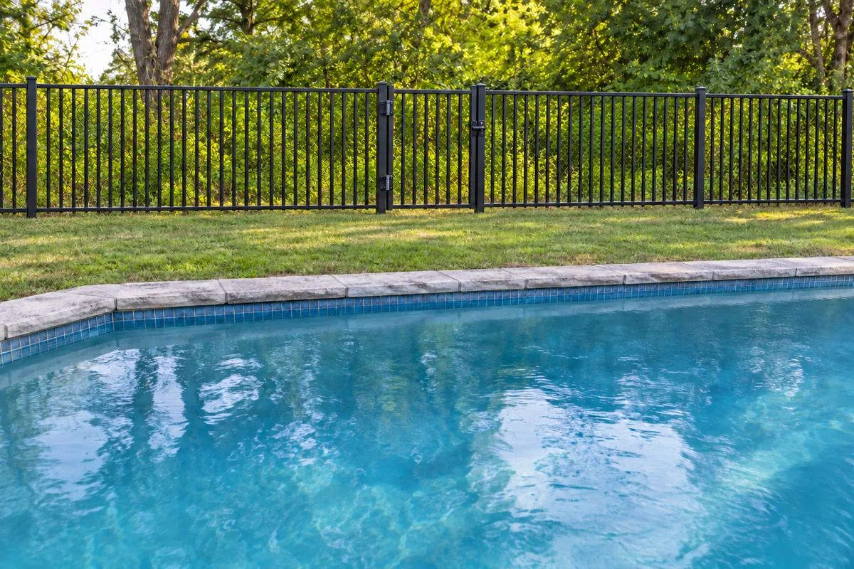 The same pool and lawn with the chain-link replaced by a black steel picket fence with a gate