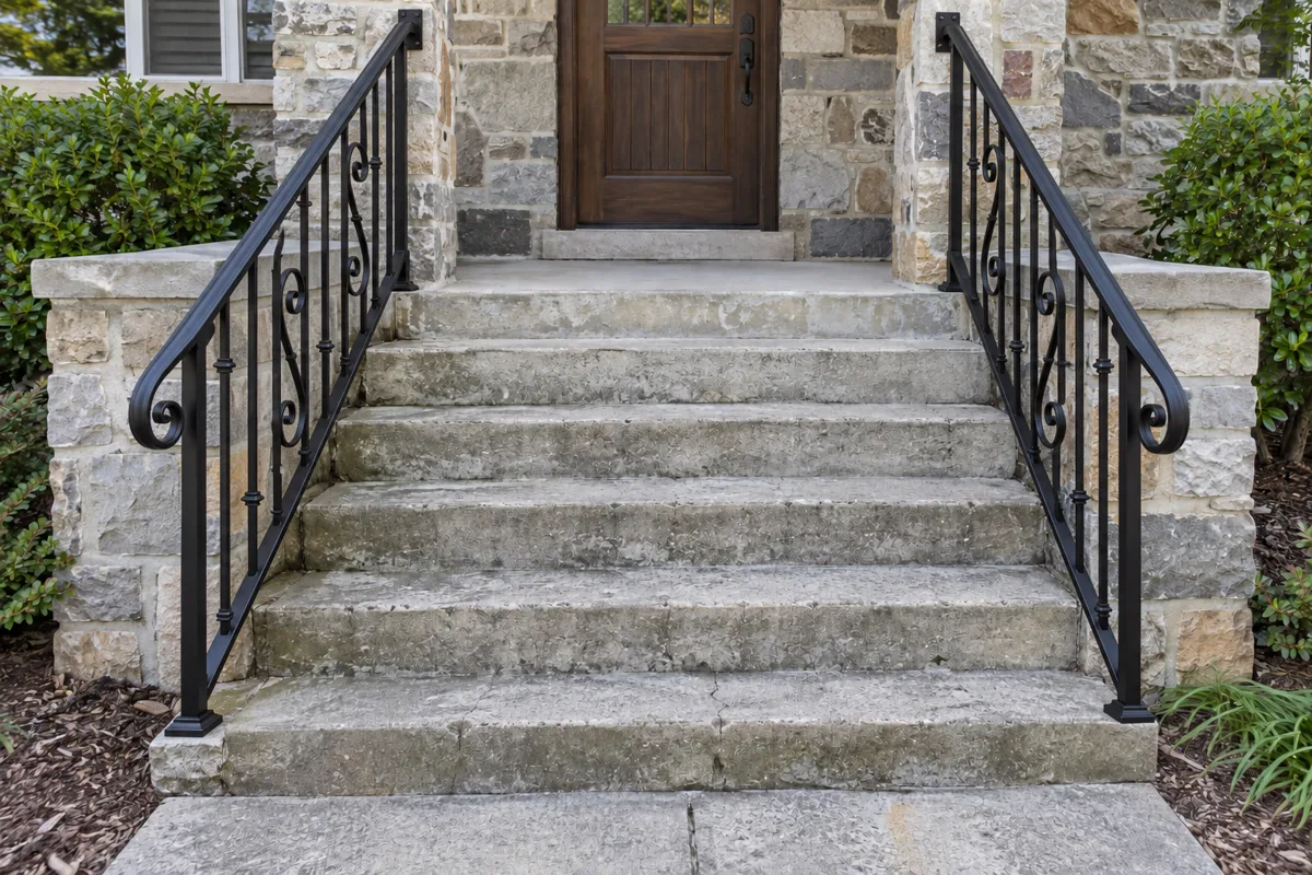 The same stone steps with black wrought iron handrails on both sides, scrolled balusters and curled ends
