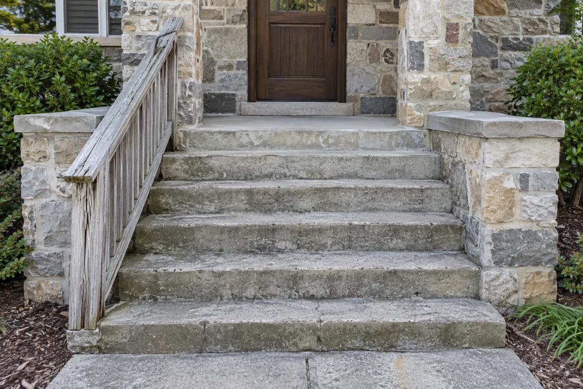 Stone front steps between limestone knee walls with a weathered grey wooden handrail on the left