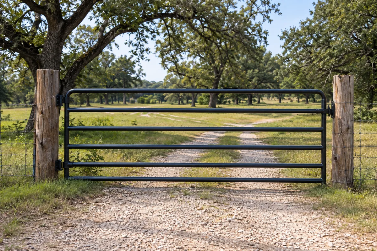 The same entrance and cedar posts with a new black steel pipe-frame ranch gate hanging level across the road