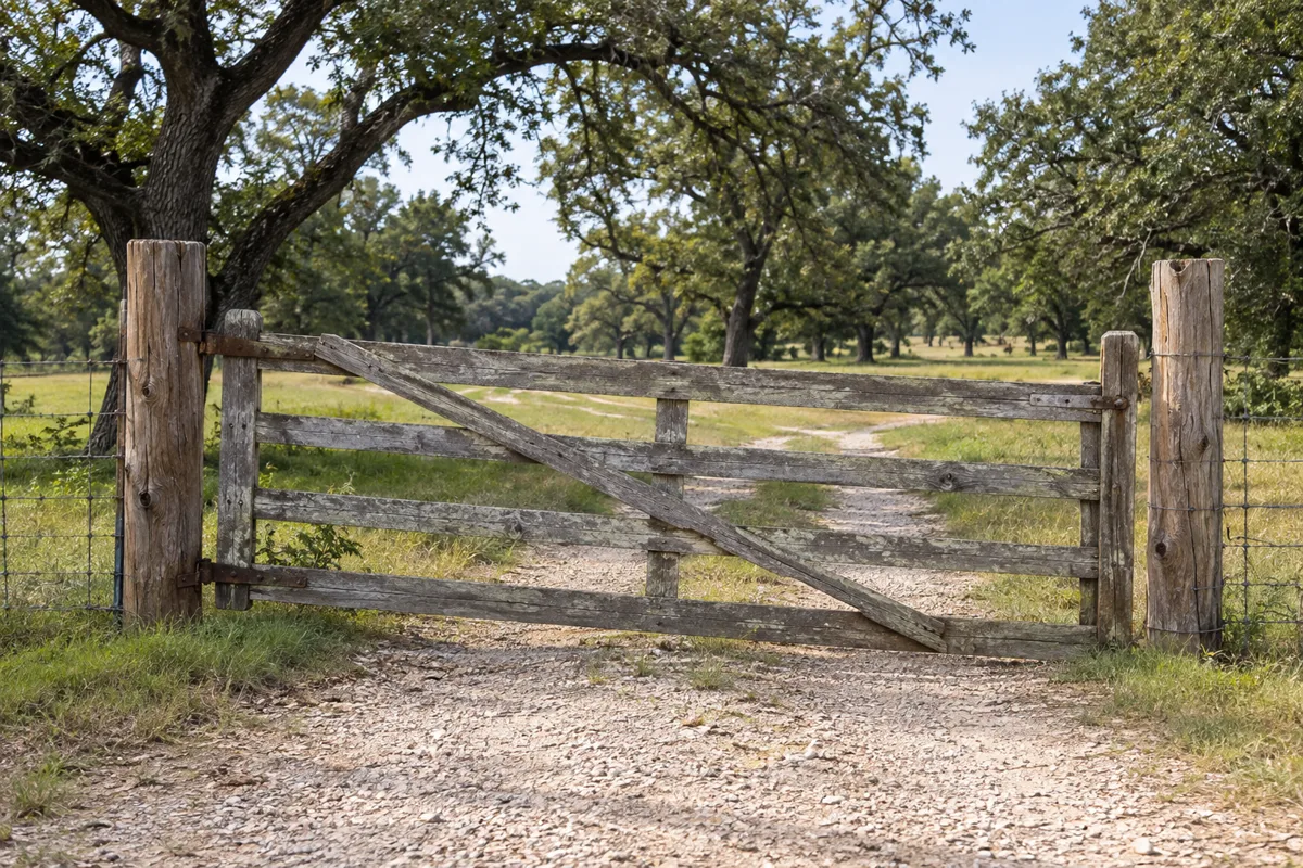 Gravel ranch road entrance with a sagging, weathered wooden farm gate with a diagonal brace between two cedar posts, oaks and pasture behind