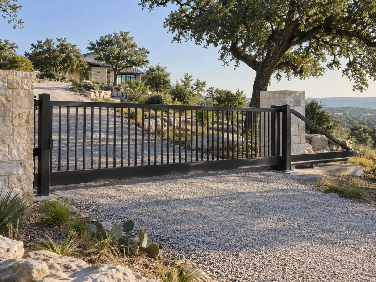 Black steel cantilever slide gate spanning a sloped gravel drive between limestone pillars, its counterbalance tail running along the fence line