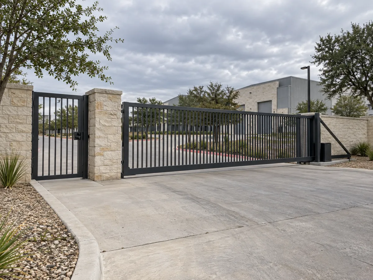 Black steel slide gate and a separate pedestrian gate between limestone columns at the entry of a commercial building