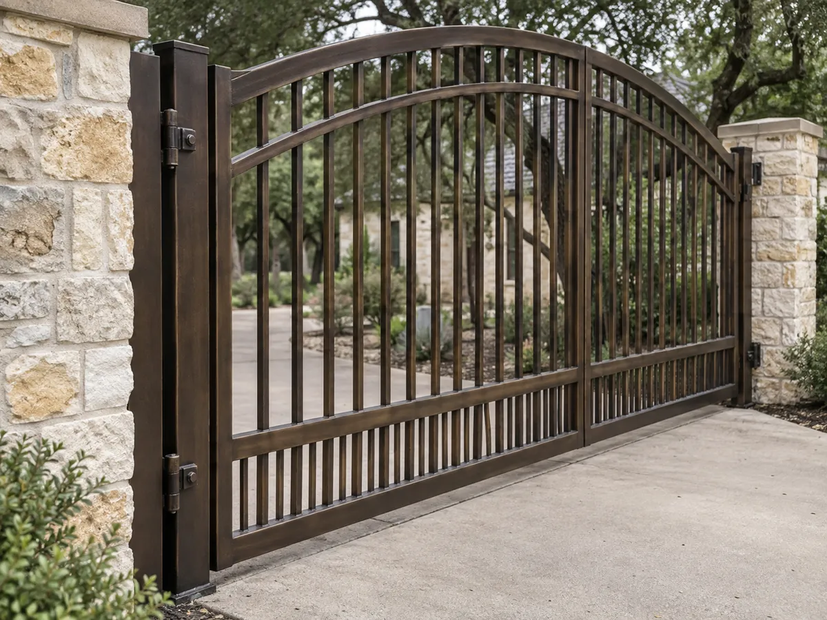 Close view of a dark bronze steel driveway gate with an arched top rail, tall pickets over short lower pickets, hung on a limestone column