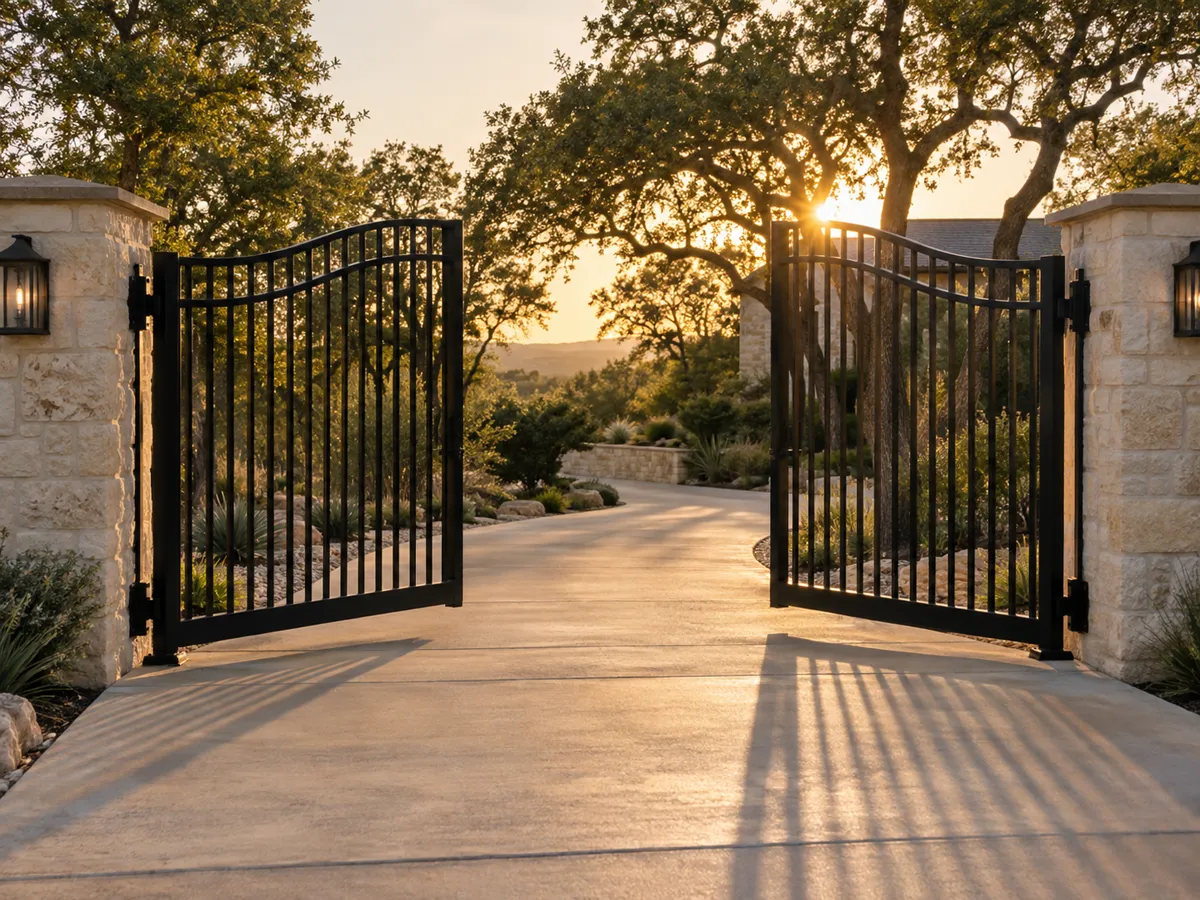 Pair of black ornamental iron swing gates standing open on a curving concrete drive, backlit by the setting sun through oaks