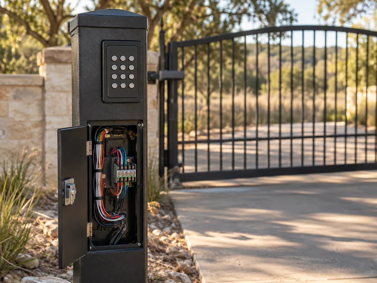 Black keypad post with its access door open, showing color-coded low-voltage wiring and a terminal strip, beside a swing gate