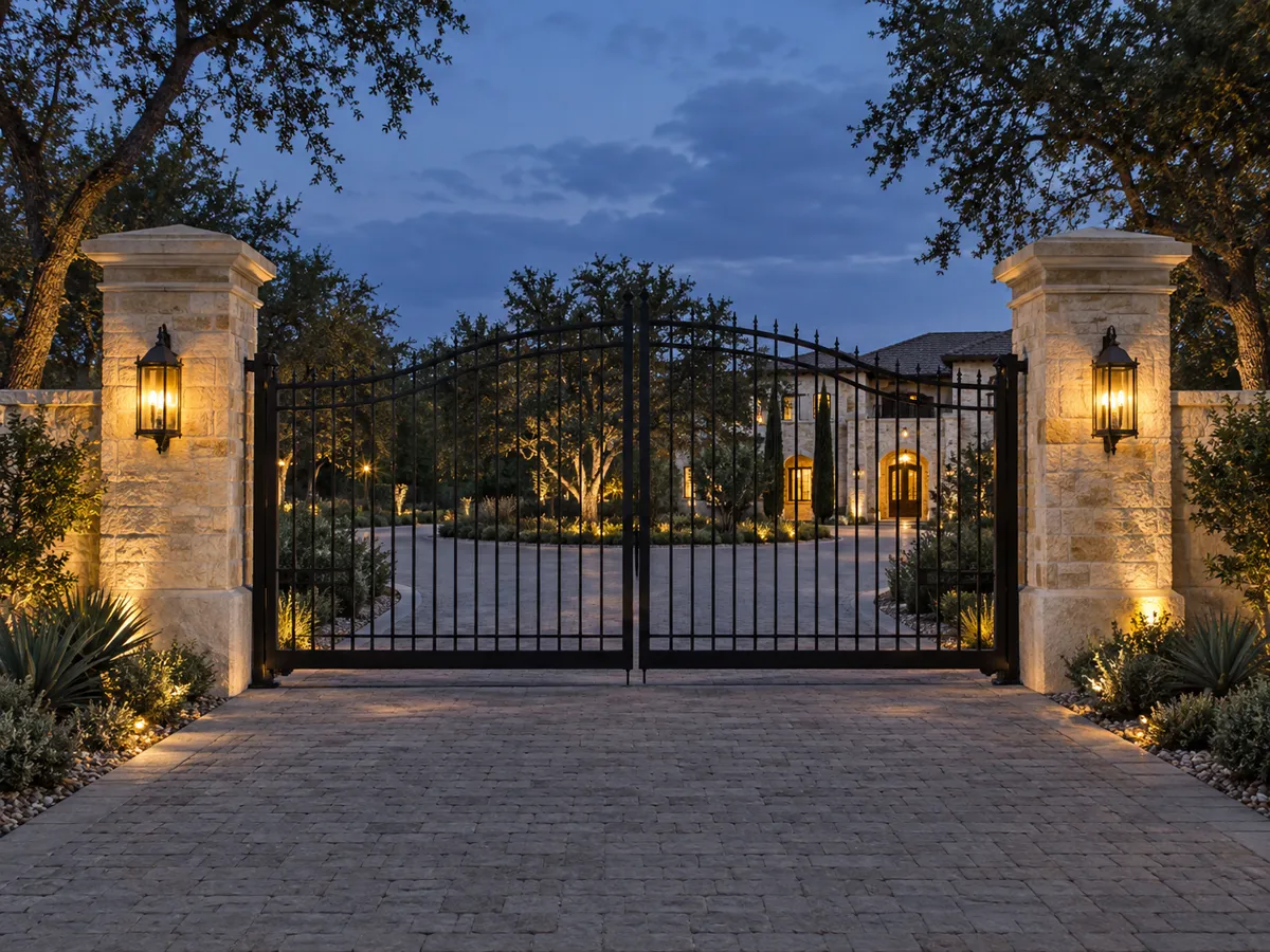 Tall black iron estate gates between limestone columns with lit lanterns at dusk, a paver drive and a lit courtyard beyond