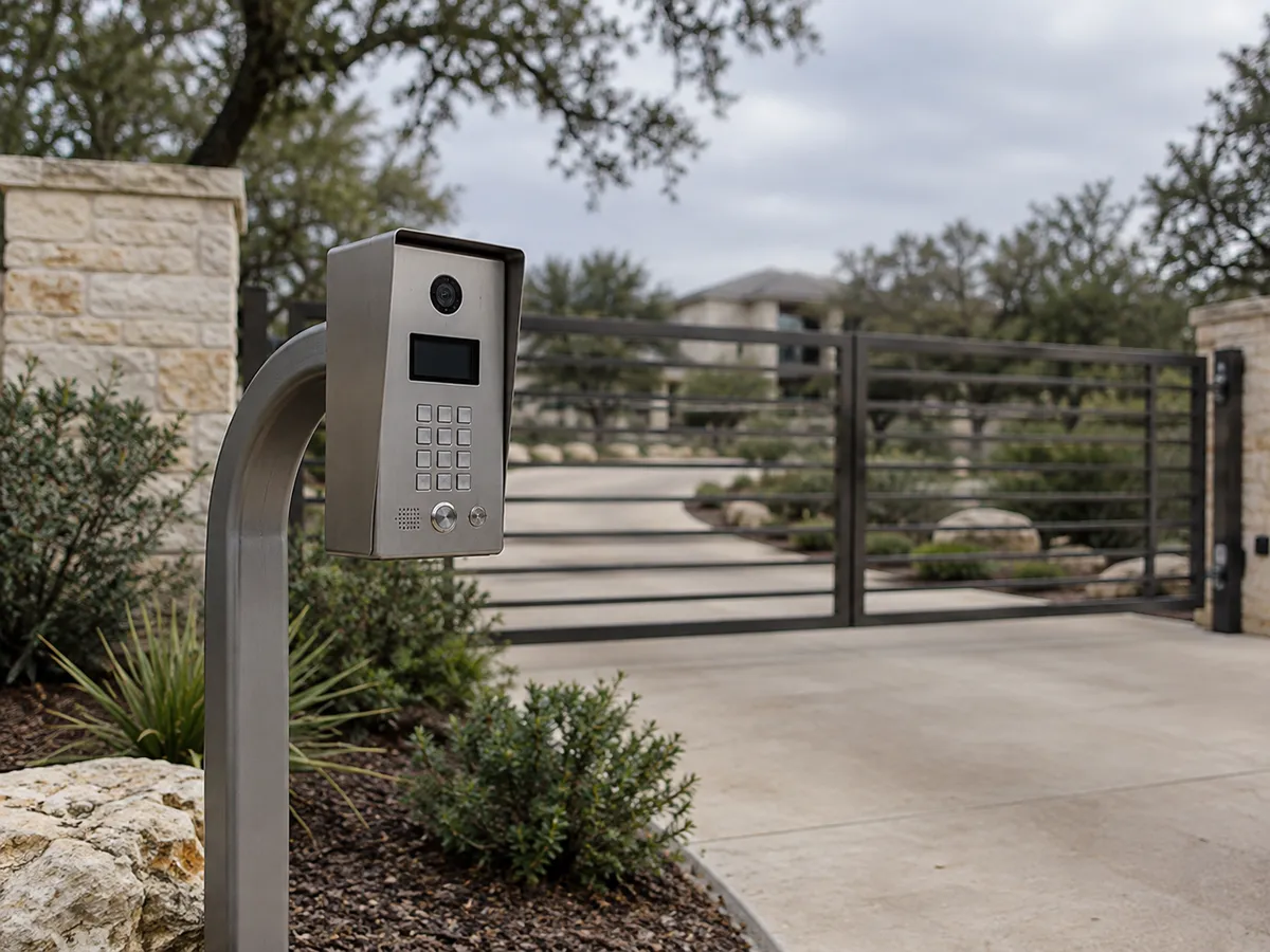 Stainless steel video intercom and keypad on a gooseneck post beside a closed horizontal-slat driveway gate