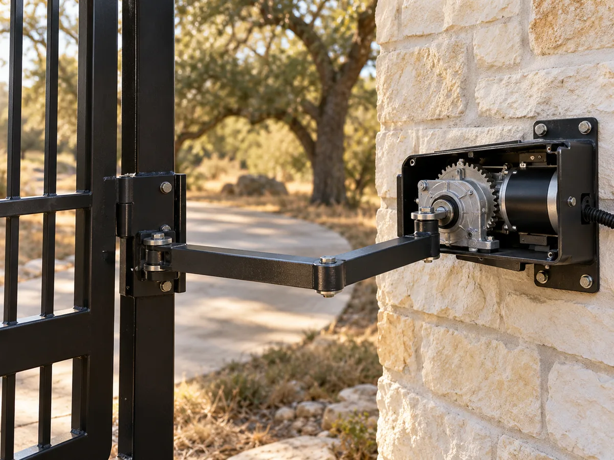 Swing gate operator with its cover off, showing the motor, gear and jointed arm, mounted on a limestone wall beside the gate post