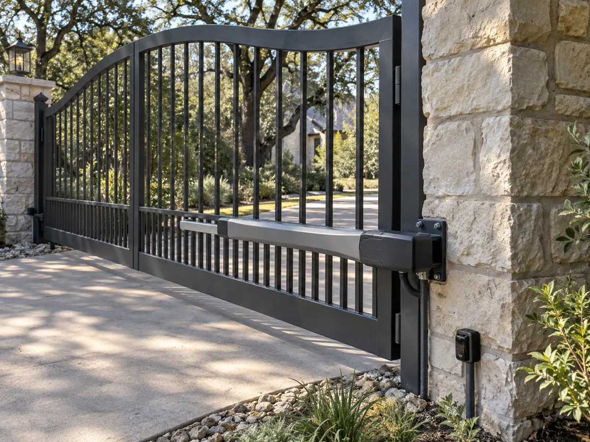 Arched black steel driveway gate with a linear operator arm mounted to a limestone column and a photo eye sensor at its base