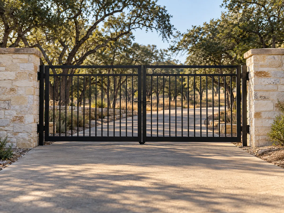 New black steel double driveway gate with vertical pickets, closed between two limestone columns
