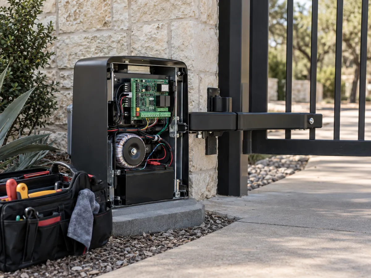 Gate operator housing opened to show its control board, transformer and battery, its arm fixed to a black steel gate, with a tool bag on the gravel beside it
