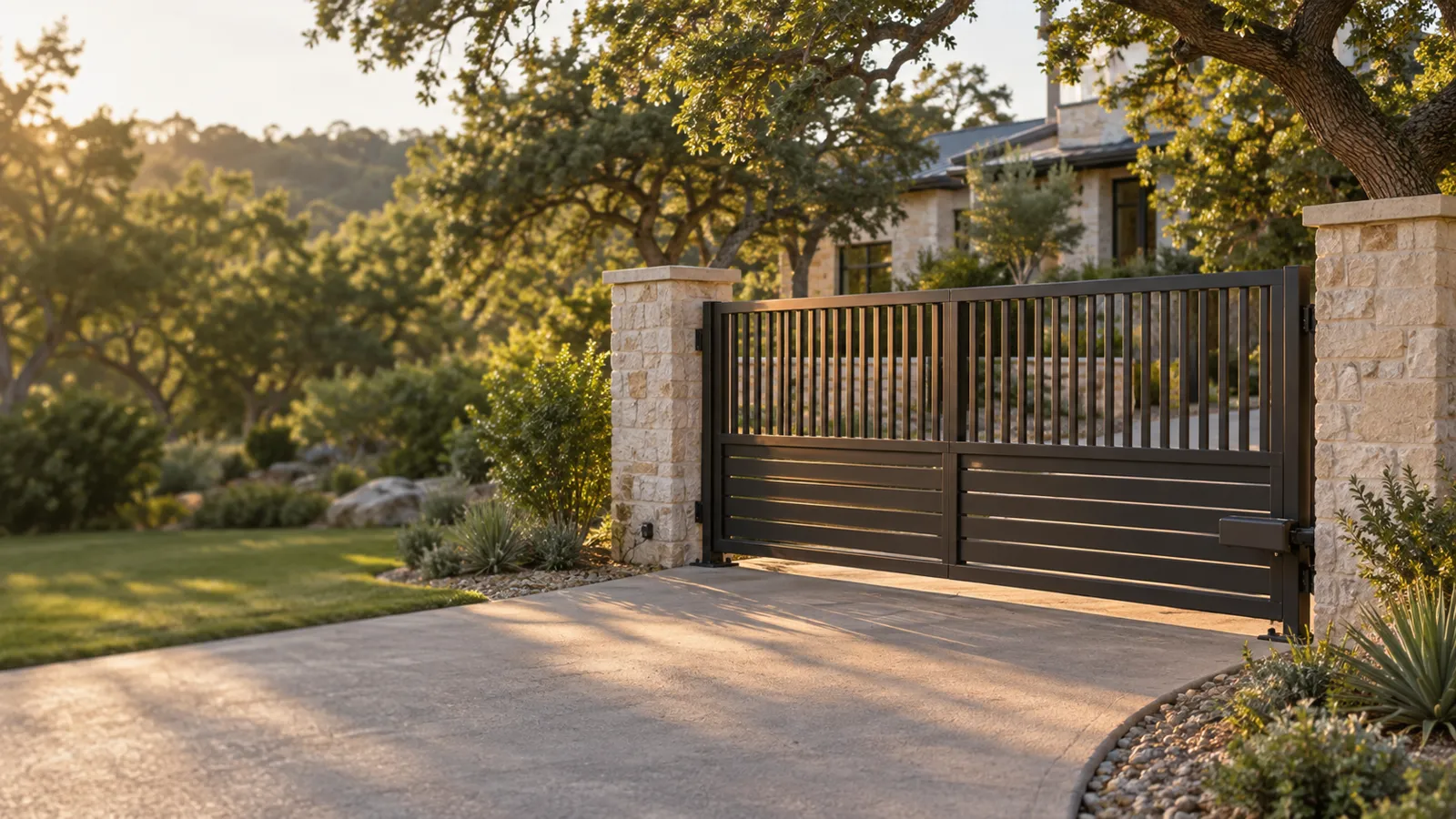 Bronze-finish steel driveway gate, vertical pickets over horizontal slats, closed between cut limestone columns at golden hour with a stone house behind live oaks