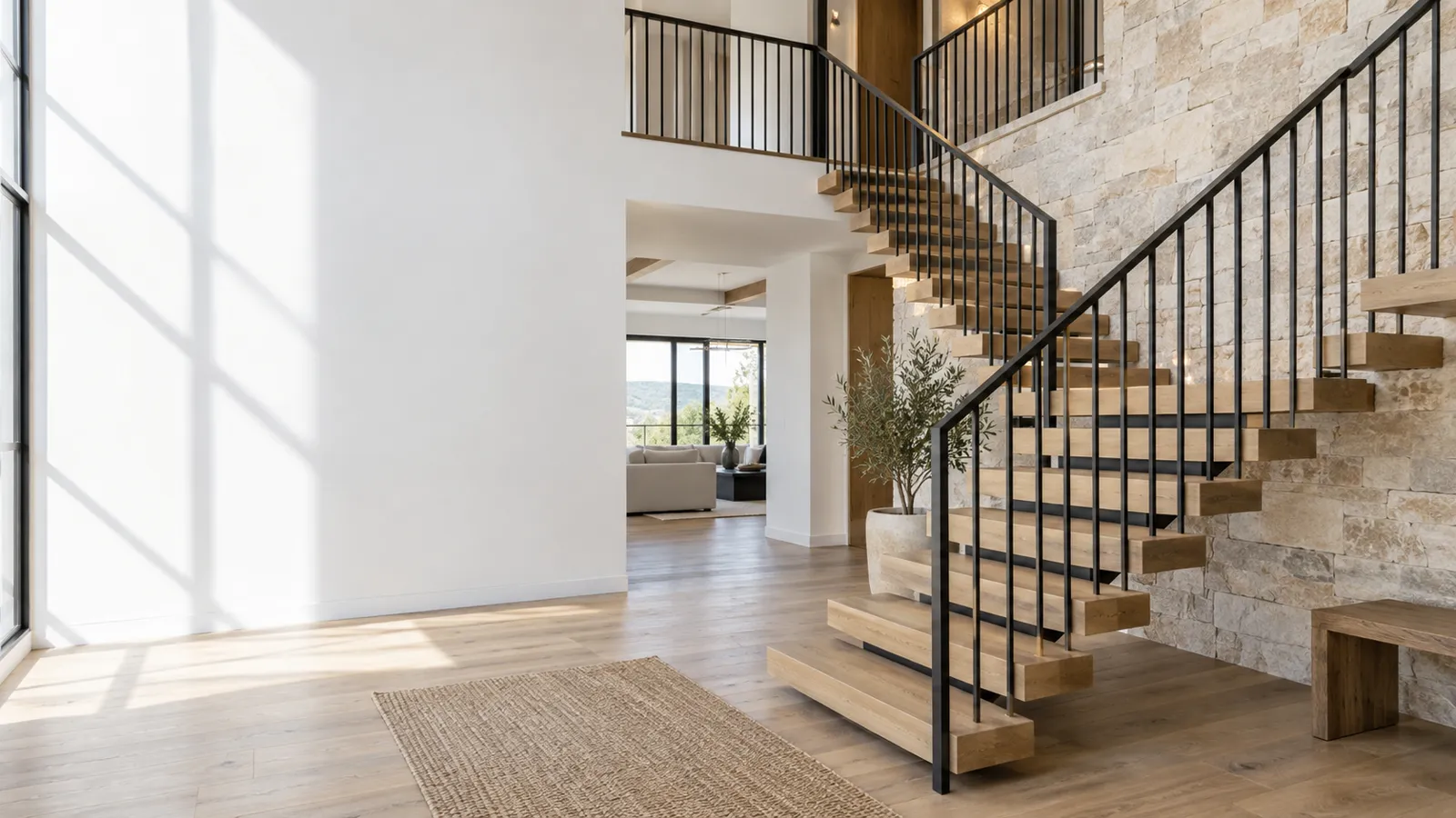 Floating white oak staircase with a matte black flat-bar iron railing and landing guard beside a limestone wall in a bright entry hall