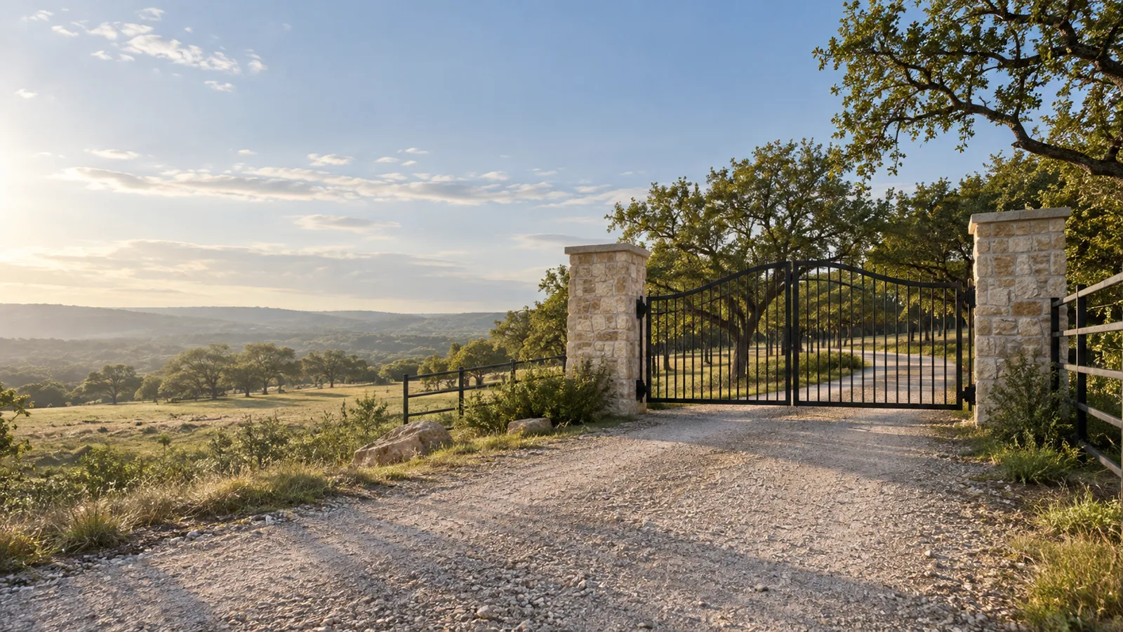 Arched black steel double swing gate between rough limestone pillars on a gravel ranch road, with iron wing fencing and rolling Hill Country pasture