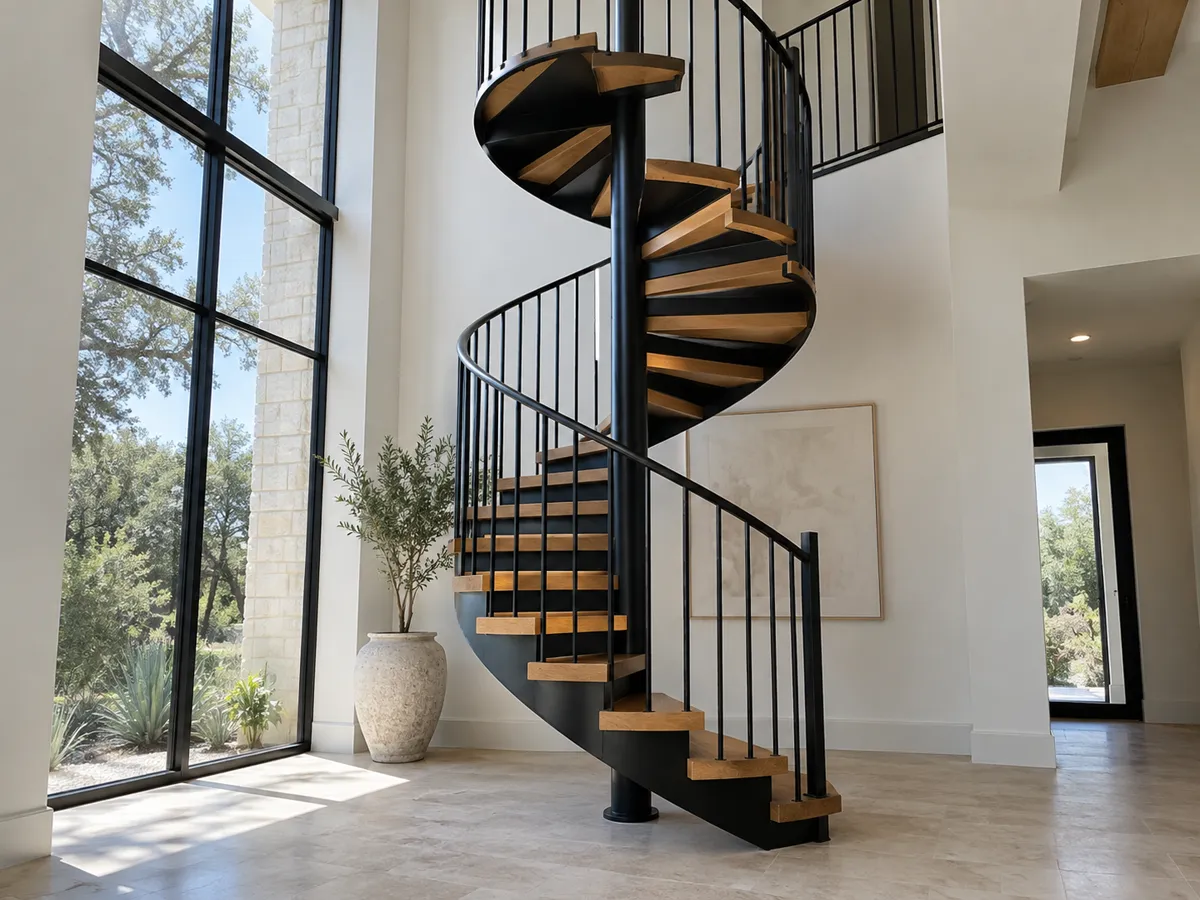 Black steel spiral staircase with oak treads rising beside a tall window in a white double-height room