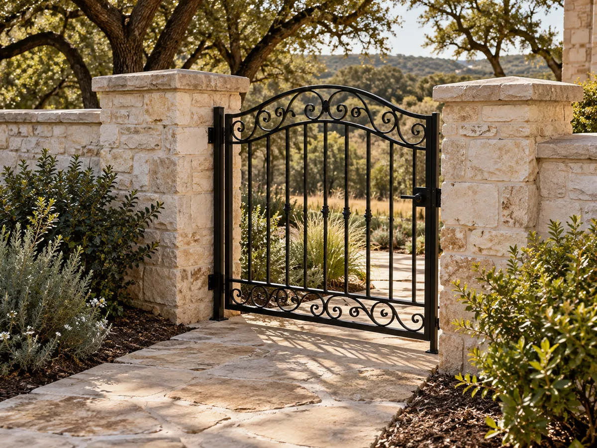 Ornamental black steel walk gate with scrollwork between limestone pillars, on a flagstone path with garden plants
