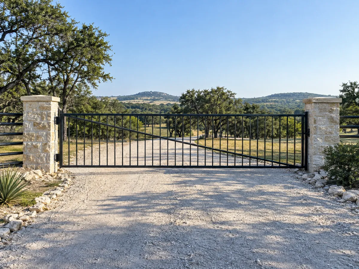 Wide black steel ranch gate with diagonal bracing between limestone pillars across a caliche road, with pasture and hills beyond
