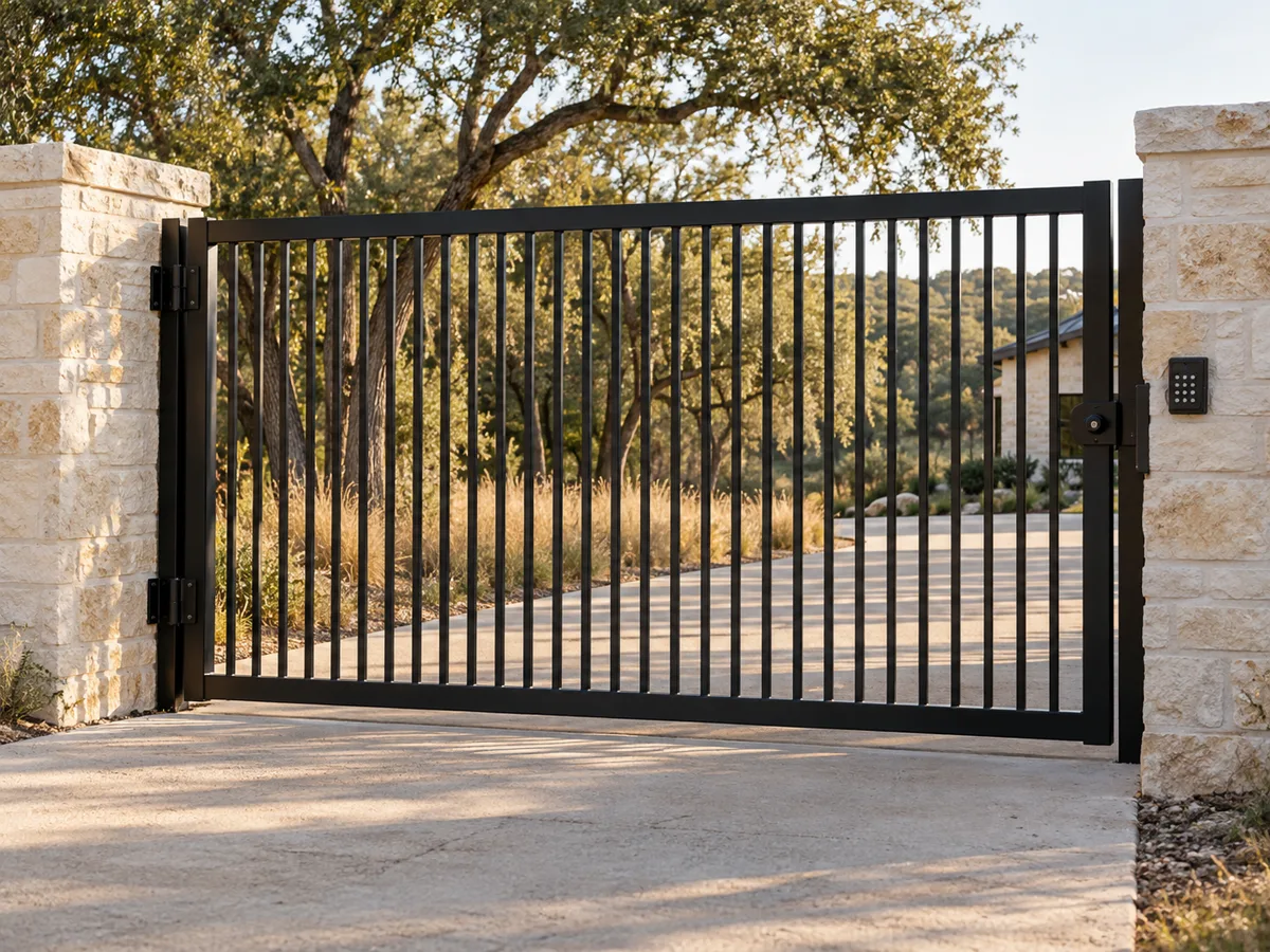 Tall black flat-top steel gate with tight vertical pickets closed between limestone columns, with a keypad on the right column