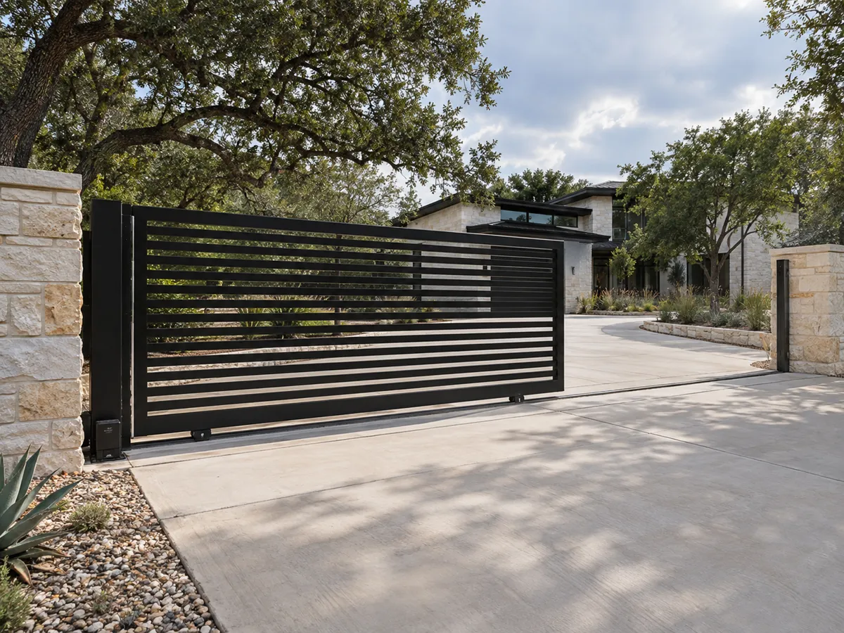 Black horizontal-slat steel sliding gate across a concrete drive between limestone columns, with a modern home beyond