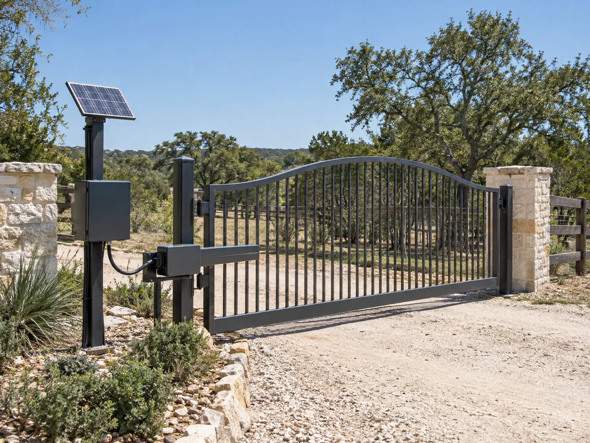 Arched black steel ranch gate with a gate operator and a small solar panel on a steel post beside a gravel drive