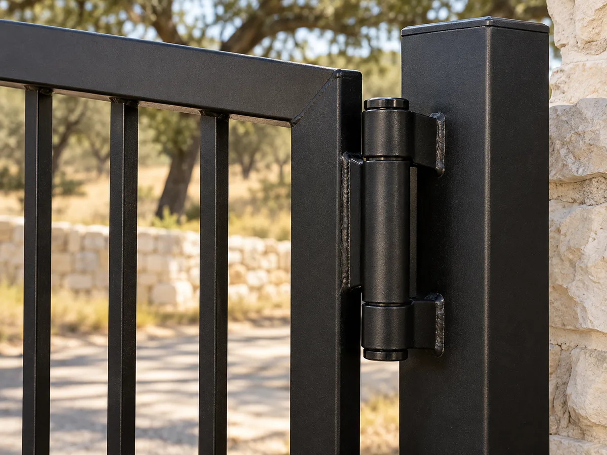 Close view of a black steel gate corner: welded rectangular-tube frame, flat pickets and a barrel hinge on a square post at a stone wall